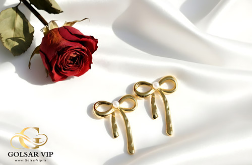 گوشواره پاپیون رنگ ثابت و ضد حساسیت آلیاژ استیل با آبکاری طلا کیفیت عالی