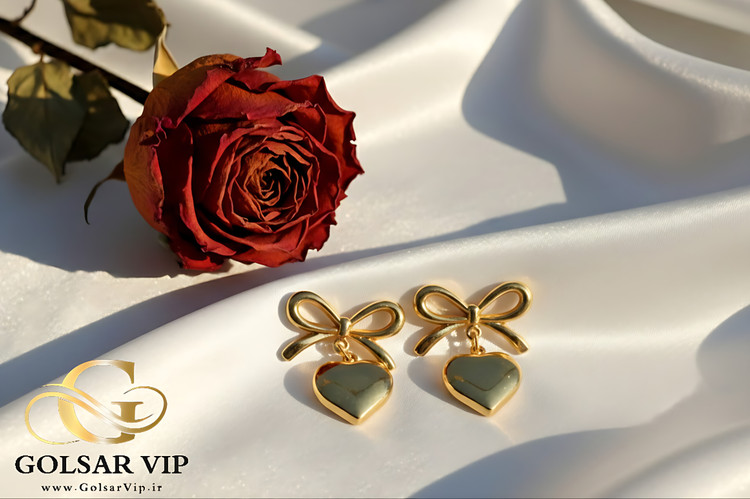 گوشواره پاپیون آویز قلب رنگ ثابت و ضد حساسیت آلیاژ استیل با آبکاری طلا کیفیت عالی