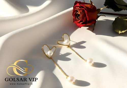 گوشواره قلب فانتزی با آویز مرواید رنگ ثابت و ضد حساسیت آلیاژ استیل با آبکاری طلا کیفیت بالا