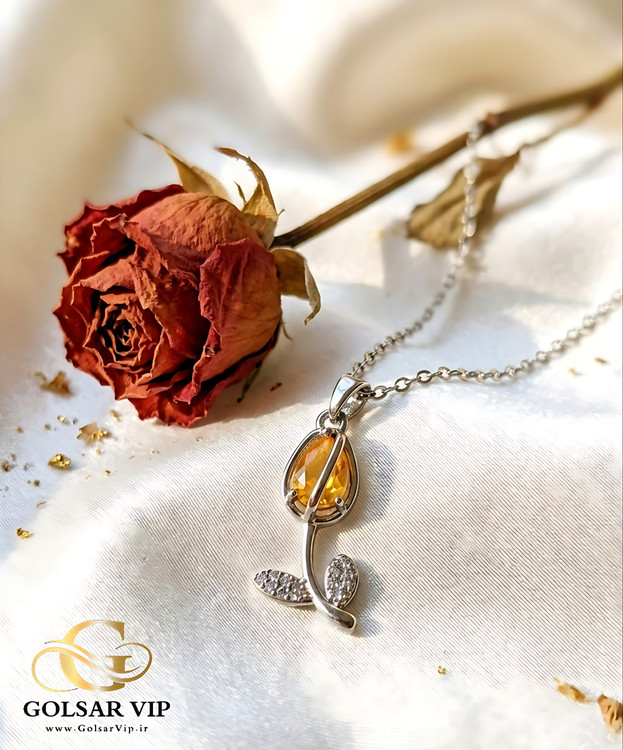 گردنبند رز نگین نارنجی رنگ ثابت و ضد حساسیت آلیاژ استیل کیفیت بالا