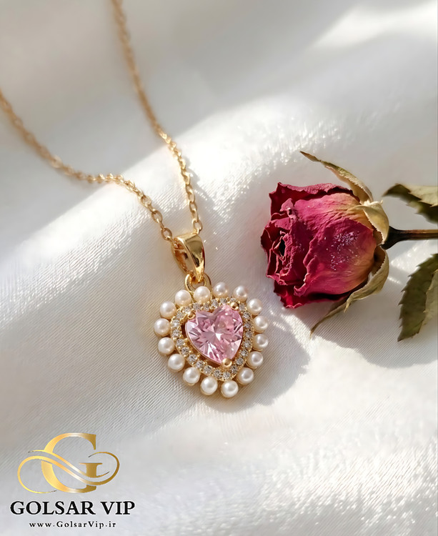 گردنبند صورتی رنگ ثابت و ضد حساسیت آلیاژ استیل با آبکاری طلا کیفیت عالی