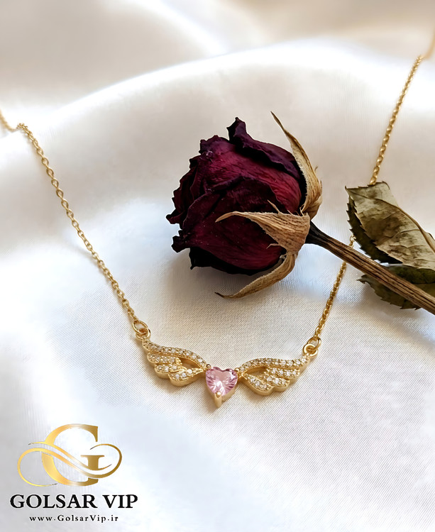 گردنبند قلب بالدار نگین صورتی طلایی رنگ ثابت و ضد حساسیت آلیاژ استیل با آبکاری طلا کیفیت بالا